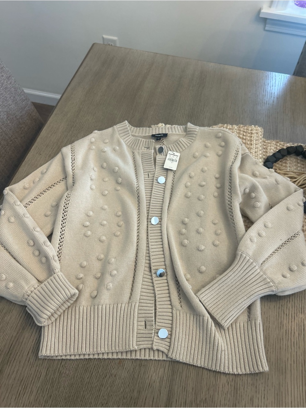 Light Beige Pom-Pom Button Cardigan Sweater express